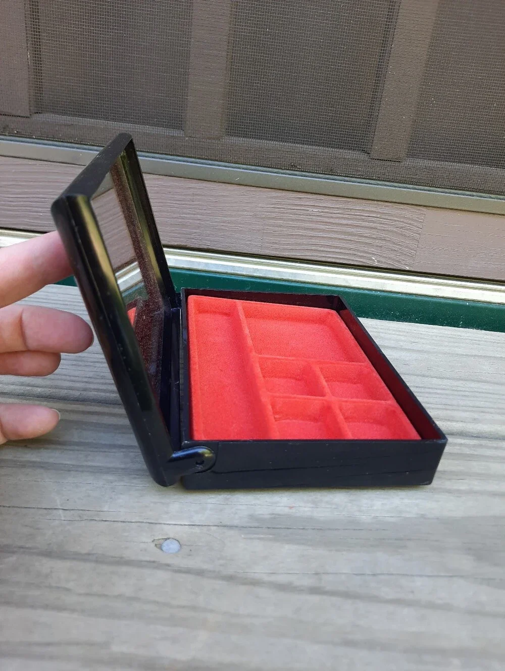 Vintage Asian Black Hard Plastic Peony Painted Lined Mirror Jewelry Box Small